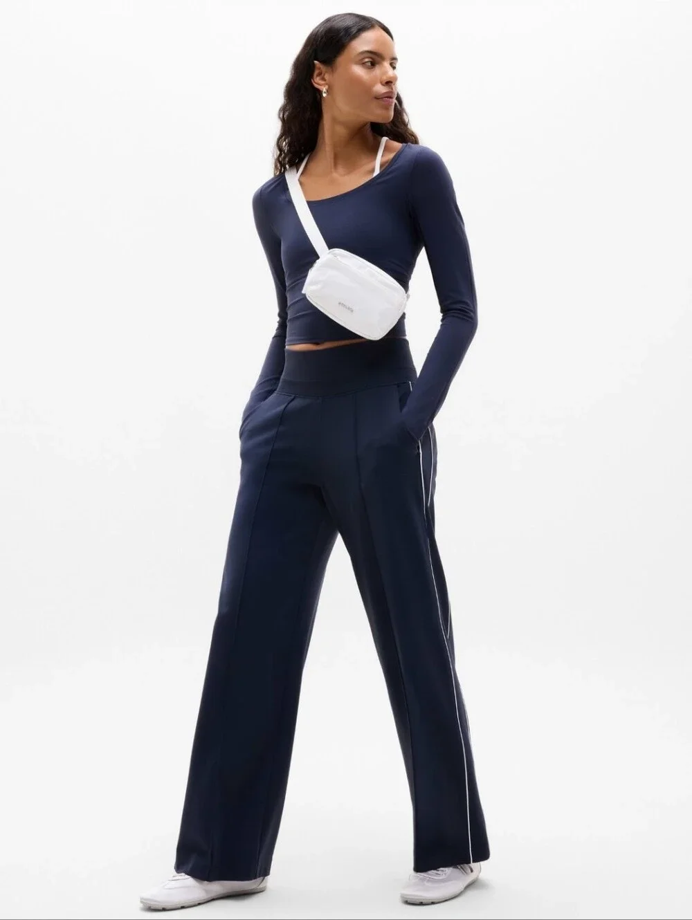 Athleta Venice Wide Leg High Rise Track Pant Navy With White Stripes Small
